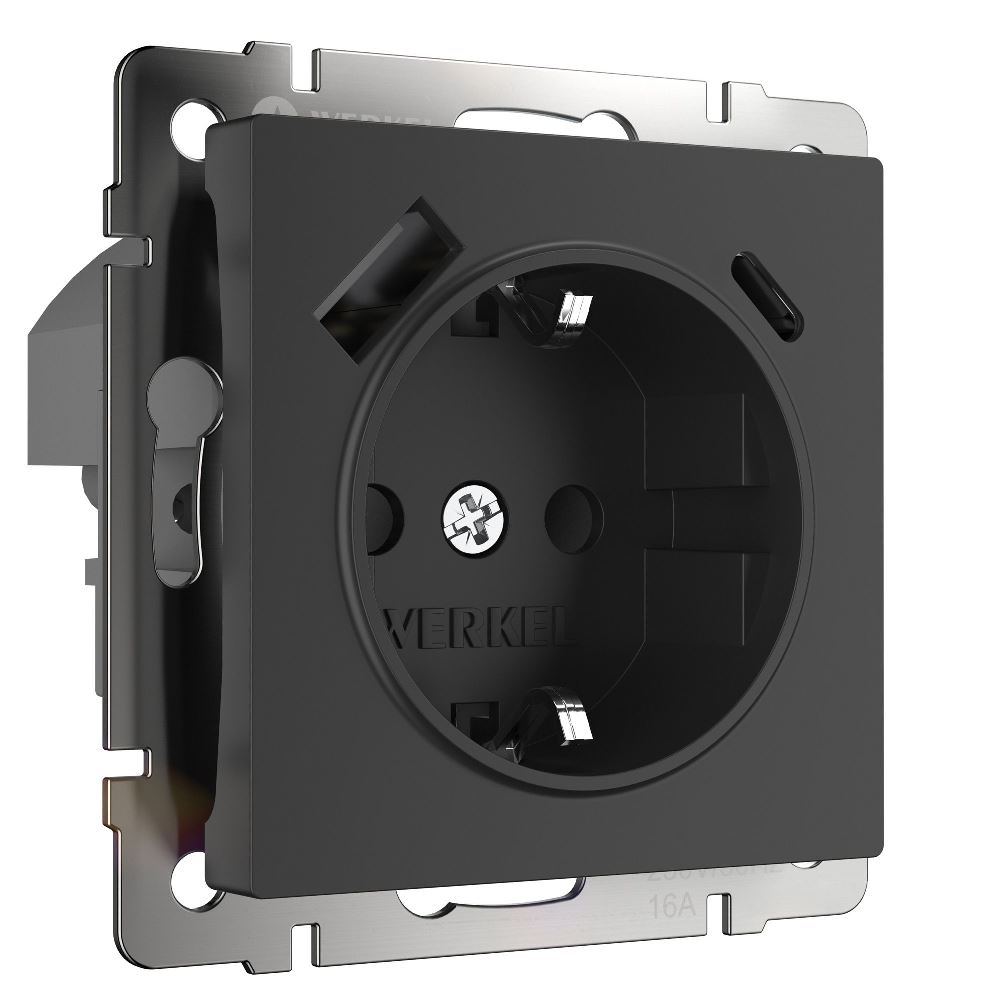 Розетка встраиваемая Werkel с заземлением, шторками и USB тип A+C Черный матовый W1171708