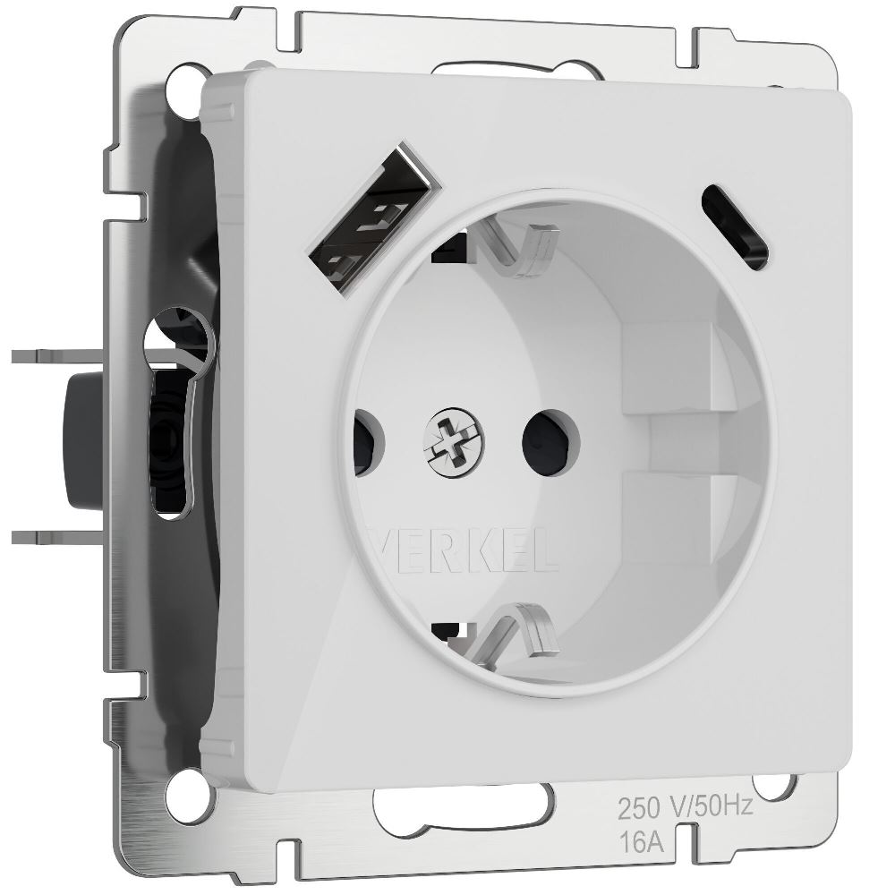 Розетка встраиваемая Werkel с заземлением, шторками и USB тип A+C Белый W1171741