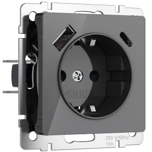 Розетка встраиваемая Werkel с заземлением, шторками и USB тип A+C Графит W1171744