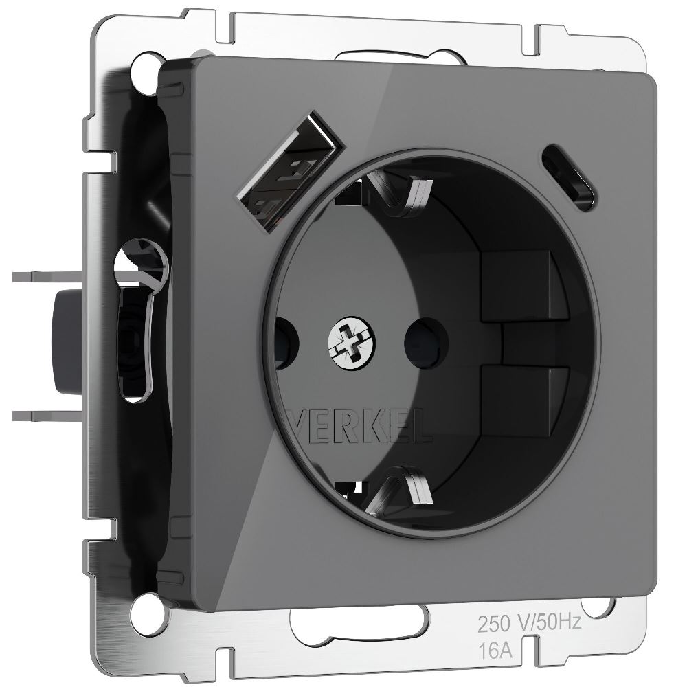 Розетка встраиваемая Werkel с заземлением, шторками и USB тип A+C Графит W1171744