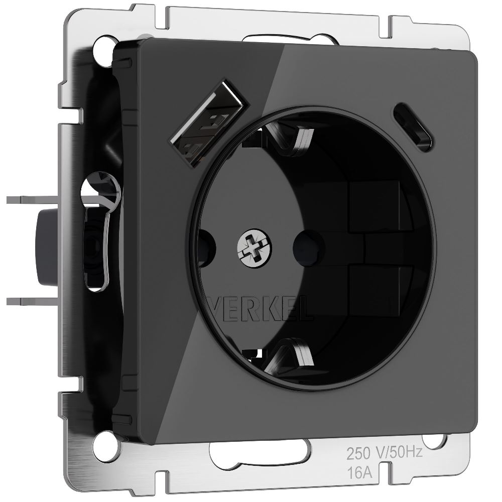 Розетка встраиваемая Werkel с заземлением, шторками и USB тип A+C Черный W1171748