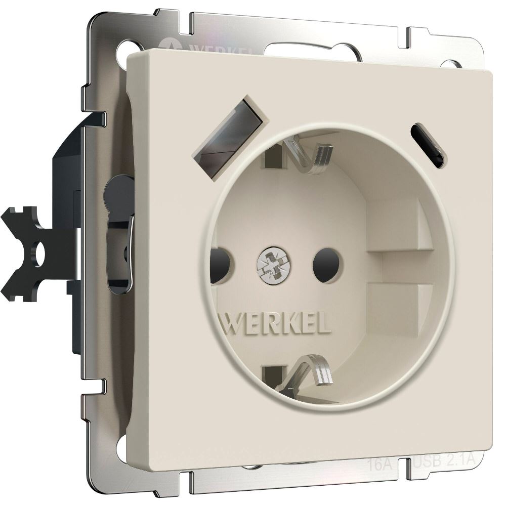 Розетка встраиваемая Werkel с заземлением, шторками и USB тип A+C Айвори матовый W1171762