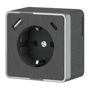 Розетка накладная Werkel Gallant с заземлением, шторками и USB тип A+C Графит рифленый W5071704