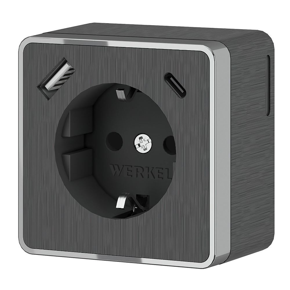 Розетка накладная Werkel Gallant с заземлением, шторками и USB тип A+C Графит рифленый W5071704