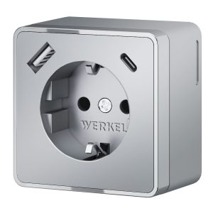 Розетка накладная Werkel Gallant с заземлением, шторками и USB тип A+C Серебряный W5071706