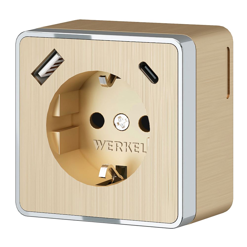 Розетка накладная Werkel Gallant с заземлением, шторками и USB тип A+C Шампань рифленый W5071710