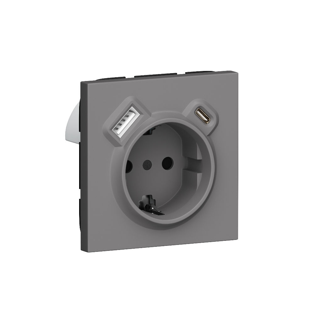 Розетка встраиваемая Donel R98 с заземлением и шторками + зарядка USB A+C 20W Шоколад матовый DA15500-DA22242
