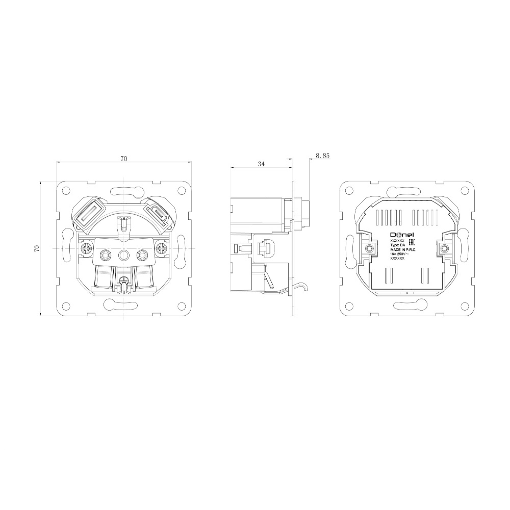 Розетка встраиваемая Donel R98 с заземлением и шторками + зарядка USB A+C 20W Алюминий матовый DA15500-DA22226 — изображение 3