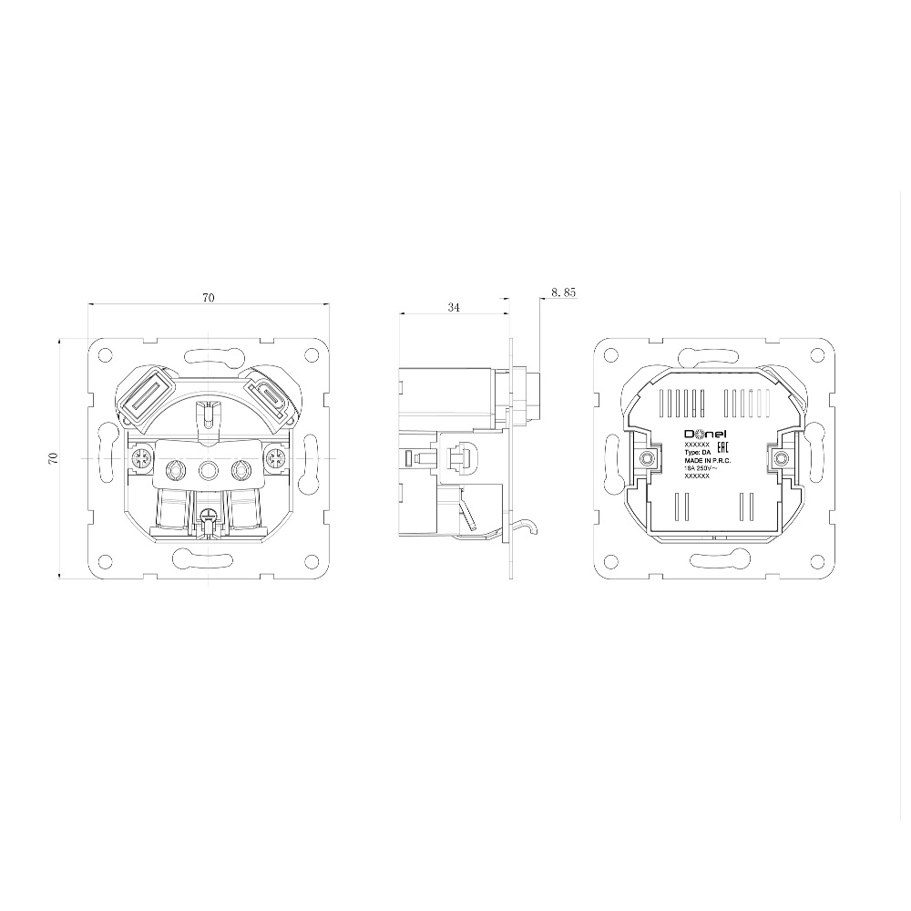 Розетка встраиваемая Donel R98 Metal с заземлением, шторками и USB тип A+C Латунь DA15500-DA222ME — изображение 6